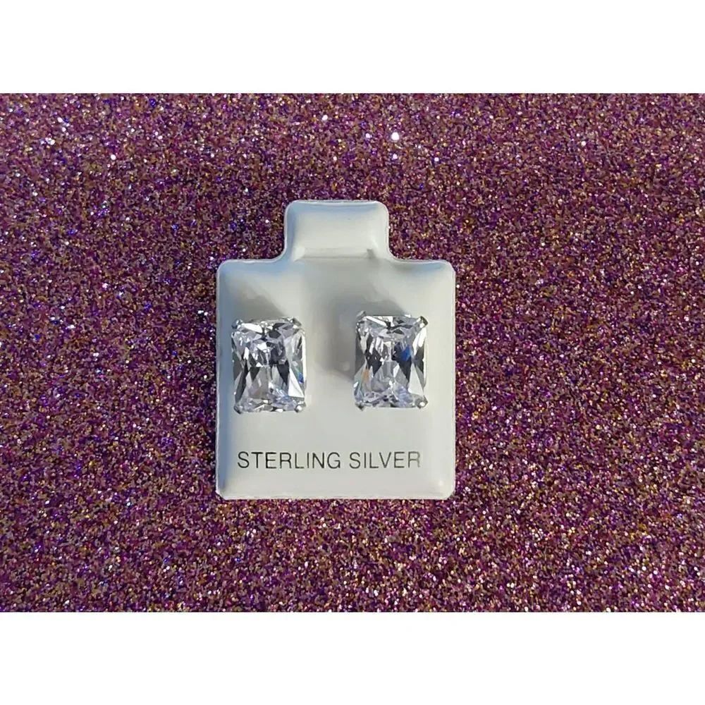 New Sterling Silver 3 Ct. Emerald Cut Sim Diamond Stud Earrings~.925